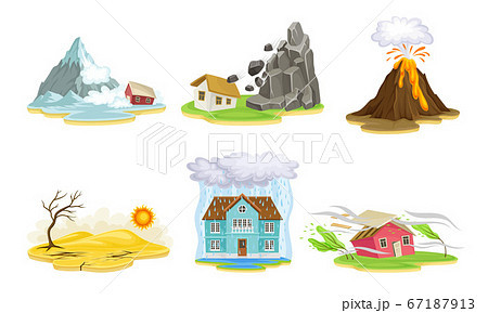 Natural Cataclysms with Drought and Volcanic Eruption Vector Illustrations Set 67187913