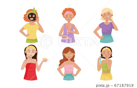 Young Girls Applying Cosmetic Cream, Oil and Facial Mask Vector Illustrations Set Young Girls Applying Cosmetic Cream, Oil and Facial Mask Vector Illustrations Set 67187919