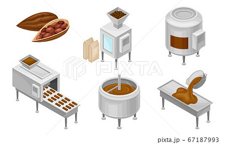 Conveyer Belt with Chocolate Sweets Rested on It and Cocoa Beans as Main Ingredient Vector Set Conveyer Belt with Chocolate Sweets Rested on It and Cocoa Beans as Main Ingredient Vector Set 67187993