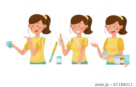 Young Woman Measuring Her Blood Pressure for Diabetes Treatment Vector Illustration Young Woman Measuring Her Blood Pressure for Diabetes Treatment Vector Illustration 67188011