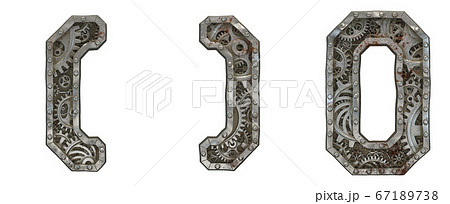 Mechanical alphabet made from rivet metal with gears on white background. Set of symbols left and right parentheses, number 0. 3D 67189738