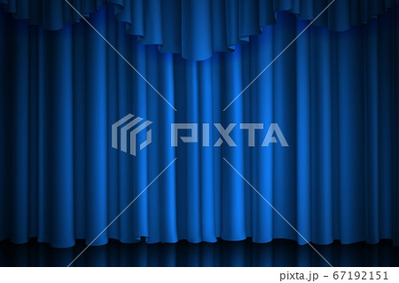Blue curtain. Theater, cinema or scene drape luxury silk or velvet stage background with spot of illumination, vector realistic fabric drapes 67192151