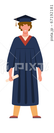 Graduate student. Graduation from college or university. Happy boy wearing academic gown and black hat with certificate or diploma. Flat vector cartoon isolated illustration 67192181