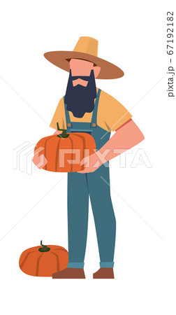 Gardener. Agricultural worker with harvest, farmer man with beard in hat holding pumpkin, healthy eco food producing, cartoon flat vector character 67192182