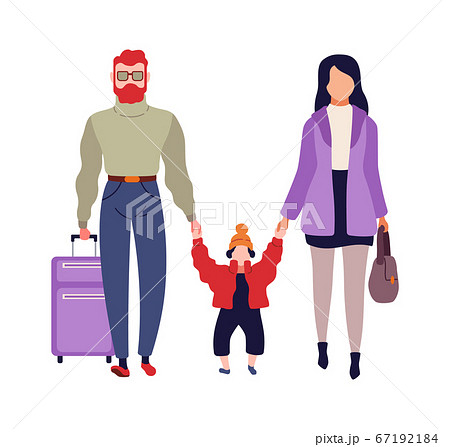 Family in airport. Man, woman and child with suitcase boarding. Cartoon characters in terminal. Passengers going on plane, flat vector isolated illustration 67192184