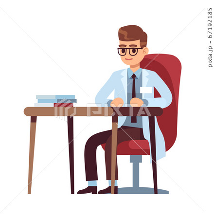 Doctor in hospital medical office. Young cartoon character physician sits at table in chair, diagnosis and examination in modern clinic vector concept 67192185