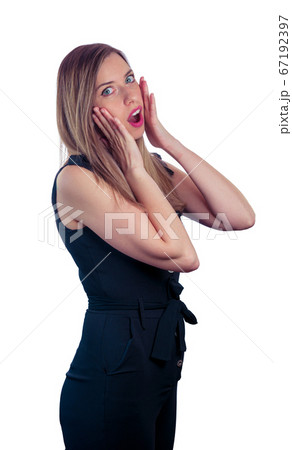 Young caucasian woman shocked on a white Young caucasian woman shocked on a white 67192397