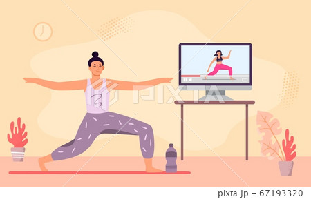 Online yoga class. Woman meditation and do fitness Online yoga class. Woman meditation and do fitness 67193320