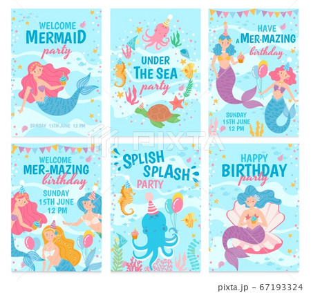 Mermaid cards. Mythical cute princesses and sea creatures underwater world postcard for birthday, invitations, greeting cards vector set 67193324