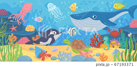 Underwater ocean life. Dolphin, exotic fishes and crab, squid. Bottom seaweeds, sea turtle and marine reef animals. Cartoon vector seascape Underwater ocean life. Dolphin, exotic fishes and crab, squid. Bottom seaweeds, sea turtle and marine reef animals. Cartoon vector seascape 67193371