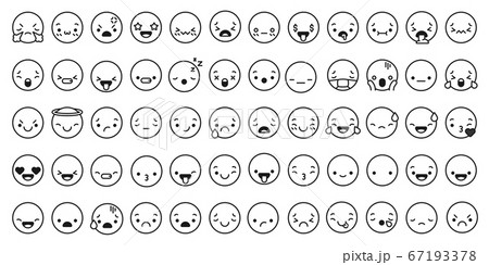 Face expressions icons. Line kawaii face expression japanese anime character. Emotion smile, kiss and cry, angry vector chat linear set Face expressions icons. Line kawaii face expression japanese anime character. Emotion smile, kiss and cry, angry vector chat linear set 67193378