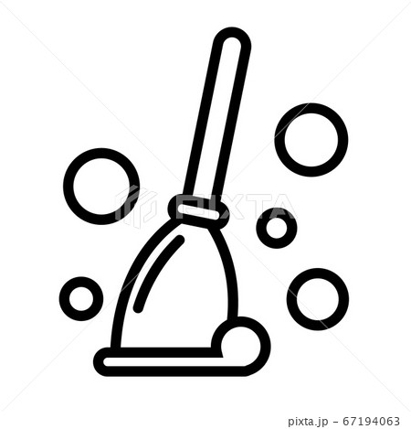 Broom with bubbles, minimal black and white outline icon. Flat vector illustration. Isolated on white. 67194063
