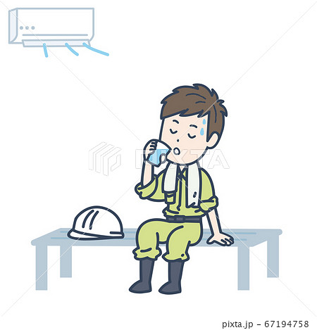 涼しい場所で水分補給をする男性作業員のイラストのイラスト素材
