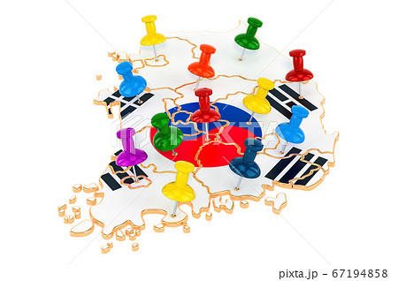 Map of South Korea with colored push pins 67194858