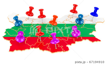 Map of Bulgaria with colored push pins 67194910
