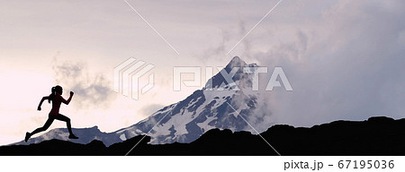 Running woman athlete silhouette trail running in mountain summit background Running woman athlete silhouette trail running in mountain summit background 67195036