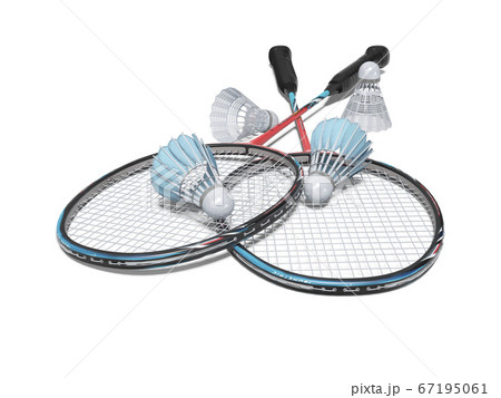 3d rendering game set of badminton rackets with adult shuttlecocks on white background with shadow 67195061