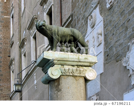Sculpture of a mother-wolf feeding Romulus and Remus, Rome, Italy 67196211