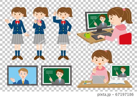 自宅でオンライン授業を受ける女子学生のイラストセット 白背景のイラスト素材