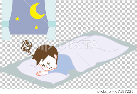 夜中ベッドのなかで目が冴えて眠れない男性のイラスト素材