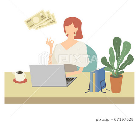 女性 デスクワーク テレワーク リモートワーク ビジネス 自宅 ノートパソコン ベクター イラストのイラスト素材