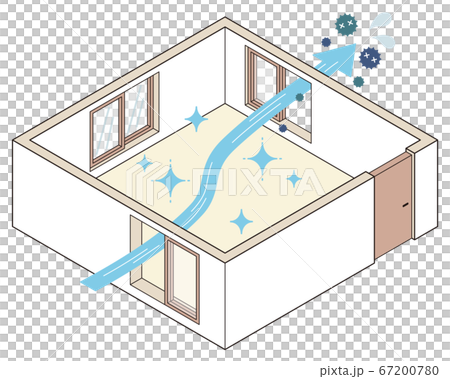 ウイルスと部屋の換気の方法 良い例 対角線上の窓を開けると効率的のイラスト素材