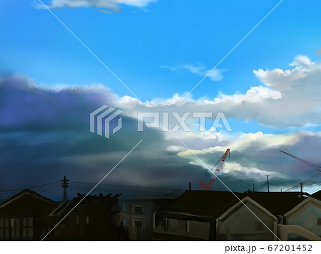 夏の青空と雲と静かな街の風景画のイラスト素材