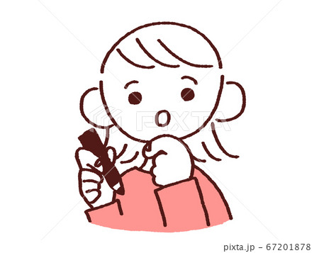 ペンを持ち考える若い女性のイラスト素材