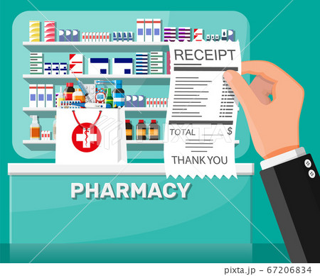 Medicine collection on shelves, hand with receipt. 67206834