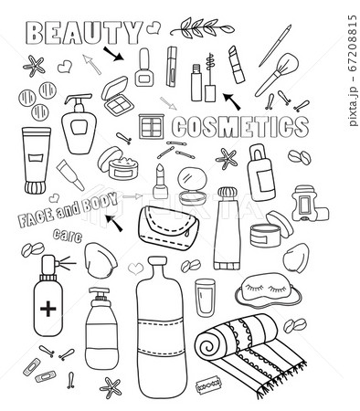 Beautiful cosmetics travel doodle set, great design for any purposes. Beautiful abstract template with colorful cosmetics travel doodle set on pink background for decorative design. Travel concept 67208815