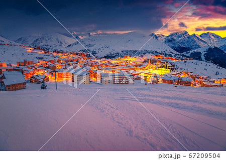Majestic sunset and ski resort in the French Alps, Europe Majestic sunset and ski resort in the French Alps, Europe 67209504