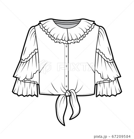 Cropped tie-front blouse technical fashion illustration with ruffled collar and sleeves, front button fastening. Cropped tie-front blouse technical fashion illustration with ruffled collar and sleeves, front button fastening. 67209584