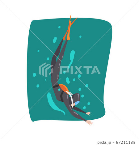 Male Diver in Wetsuit, Snorkel, Mask, Flippers and Breathing Equipment Diving in the Sea, Extreme Water Sport Cartoon Style Vector Illustration Male Diver in Wetsuit, Snorkel, Mask, Flippers and Breathing Equipment Diving in the Sea, Extreme Water Sport Cartoon Style Vector Illustration 67211138