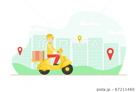 Pizza Express Delivery Service, Male Courier in Uniform Delivering Food with Yellow Motor Bike Flat Vector Illustration Pizza Express Delivery Service, Male Courier in Uniform Delivering Food with Yellow Motor Bike Flat Vector Illustration 67211460