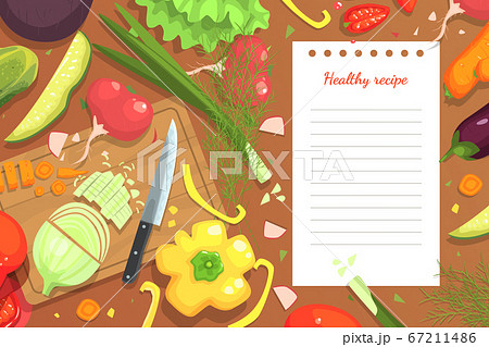 Fresh Vegetables Healthy Recipe Cookbook Background, Cooking Ingredients on Kitchen Table Vector Illustration 67211486