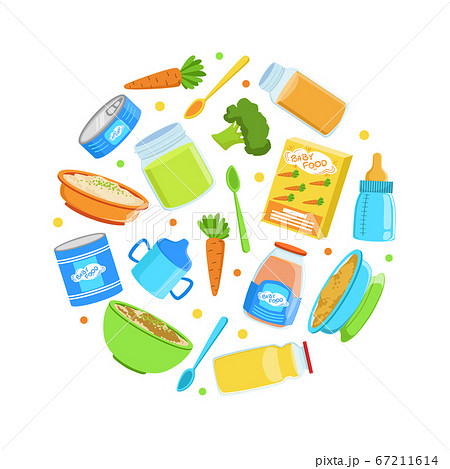 Organic Baby Food Banner Template, Healthy First Meal for Toddlers of Round Shape Vector Illustration 67211614