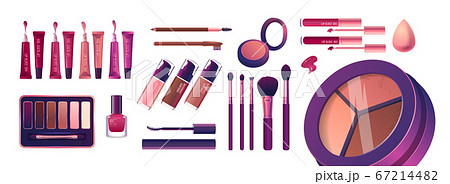 Cosmetics and fashion set with make up artist objects: lipstick, cream, brush. Realisic Vector Illustration. 67214482
