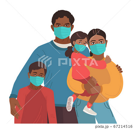 Mother Father daughter and son wear medical masks. Virus and disease prevention. Indian Persons. Vector Family illustration 67214516