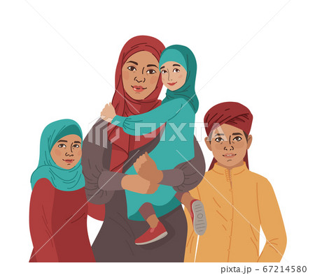 Family portrait. Middle Eastern Muslim People. Arab mother, son and little daughter. National Clothes. Vector Flat Illustration Simple Shapes Family portrait. Middle Eastern Muslim People. Arab mother, son and little daughter. National Clothes. Vector Flat Illustration Simple Shapes 67214580