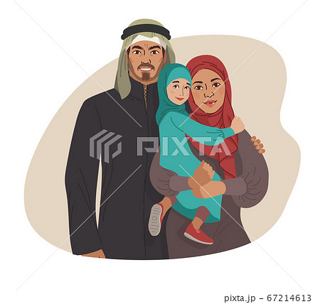 Family portrait. Middle Eastern Muslim People. Arab mother, father and little daughter. National Clothes. Vector Flat Illustration Simple Shapes 67214613
