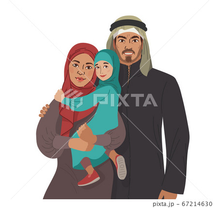 Family portrait. Middle Eastern Muslim People. Arab mother, father and little daughter. National Clothes. Vector Flat Illustration Simple Shapes Family portrait. Middle Eastern Muslim People. Arab mother, father and little daughter. National Clothes. Vector Flat Illustration Simple Shapes 67214630