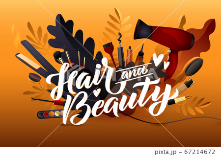 Hair Style. Colorful hairdresser decorative illustration with beauty haircut accessories and equipment with big white letters. Realistic Poster. Vector Illustration black and Gold Colors Hair Style. Colorful hairdresser decorative illustration with beauty haircut accessories and equipment with big white letters. Realistic Poster. Vector Illustration black and Gold Colors 67214672