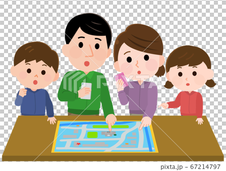 避難場所　ハザードマップを見て話し合う家族　イラスト 67214797