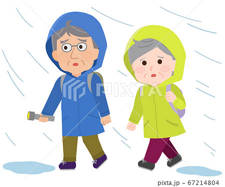 水害で豪雨の中避難する高齢夫婦 イラストのイラスト素材