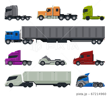 Modern Cargo Trucks Collection, Side View of Heavy Delivering Vehicles Flat Vector Illustration on White Background 67214960