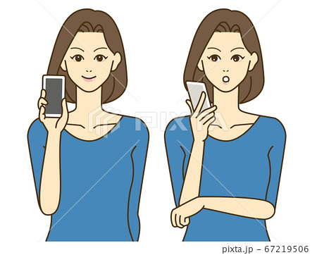 スマホを持つ女性 笑顔と驚きの表情 シンプルなイラスト のイラスト素材