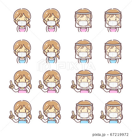 マスクとフェイスシールドをつけたエプロン姿の女性のイラスト（指をさす・お辞儀） 67219972