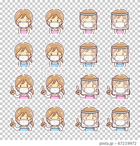 Illustration of a woman wearing an apron with a mask and face shield (pointing and bowing) 67219972