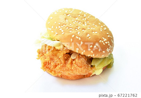 crispy fried chicken hamburger dressing cheese sauce on white background crispy fried chicken hamburger dressing cheese sauce on white background 67221762