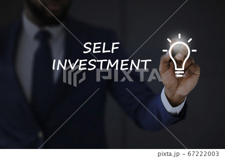 Self Investment Collage With Unrecognizable Businessman Drawing Lightbulb, Black Background 67222003